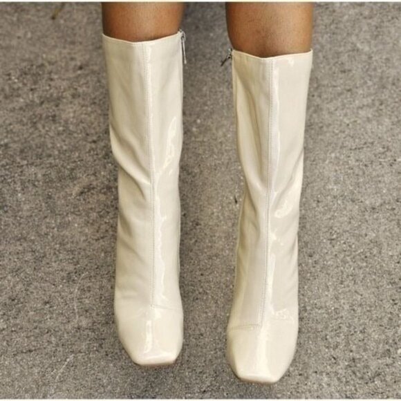 Women Mid Calf Square Toe Heel Boot Off White Color - Picture 4 of 5